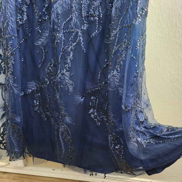 NEW Mac Duggal Navy Embellished Illusion Long Sleeve V-Neck A-Line Mesh Gown - Picture 8 of 14